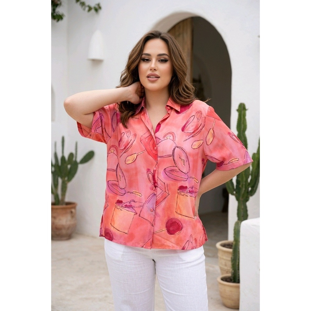 Beverly Rose 4XL Pink Abstract‎ Kitchen Print Short Sleeve Button Up Shirt NWT